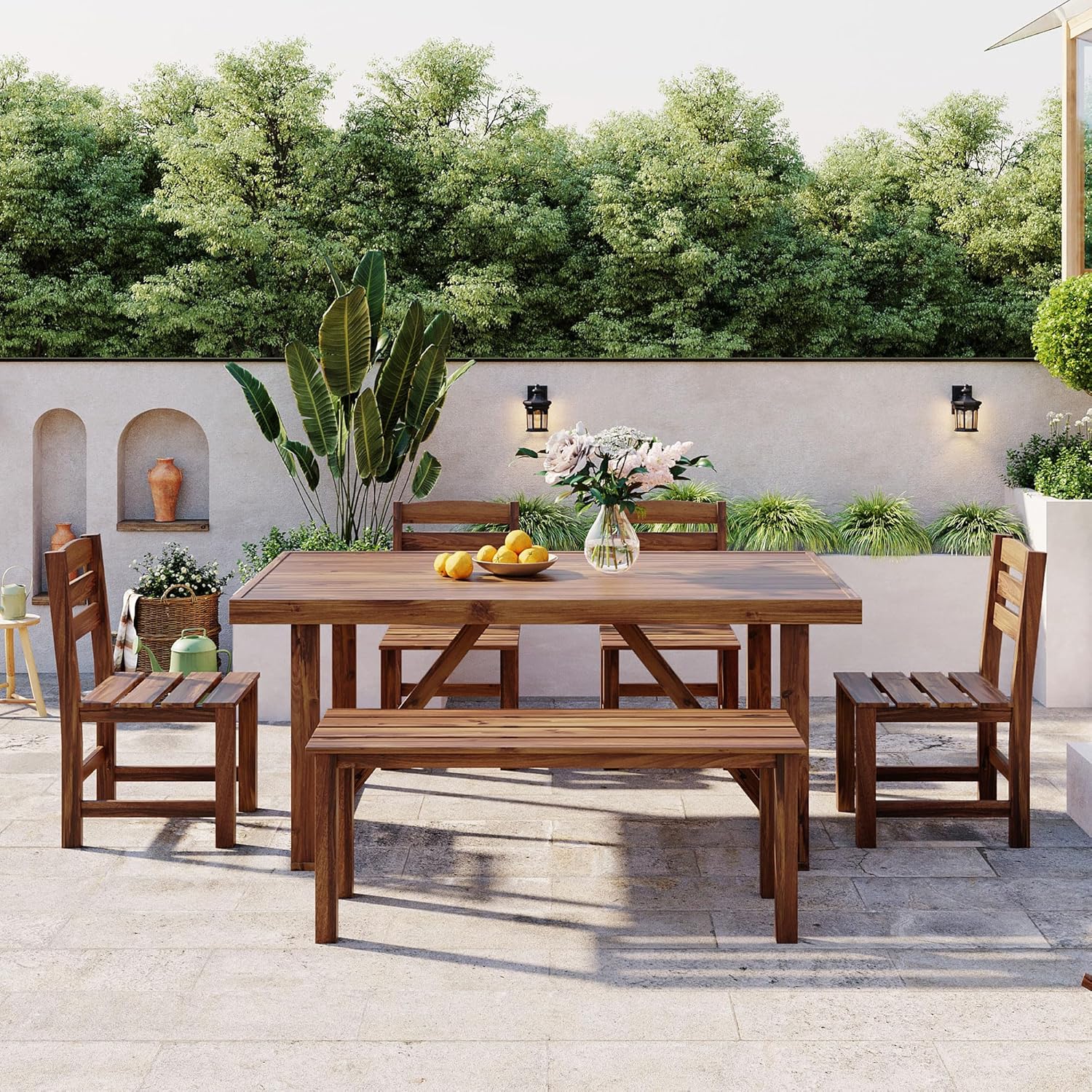 Acacia Wood 6 Pieces Patio Dining Set, Brown