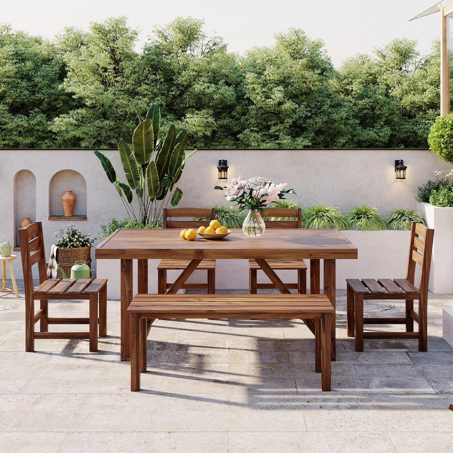 Acacia Wood 6 Pieces Patio Dining Set, Brown