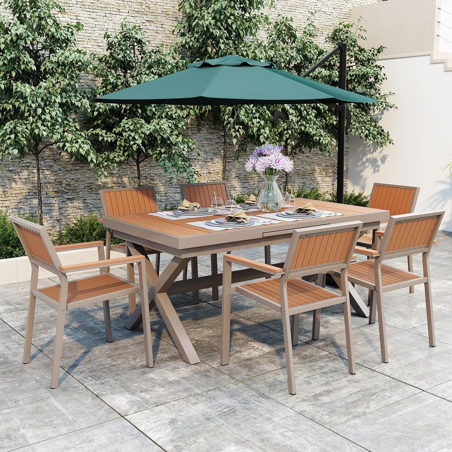 7 PCS Patio Dining Set for 6, Camel+natural
