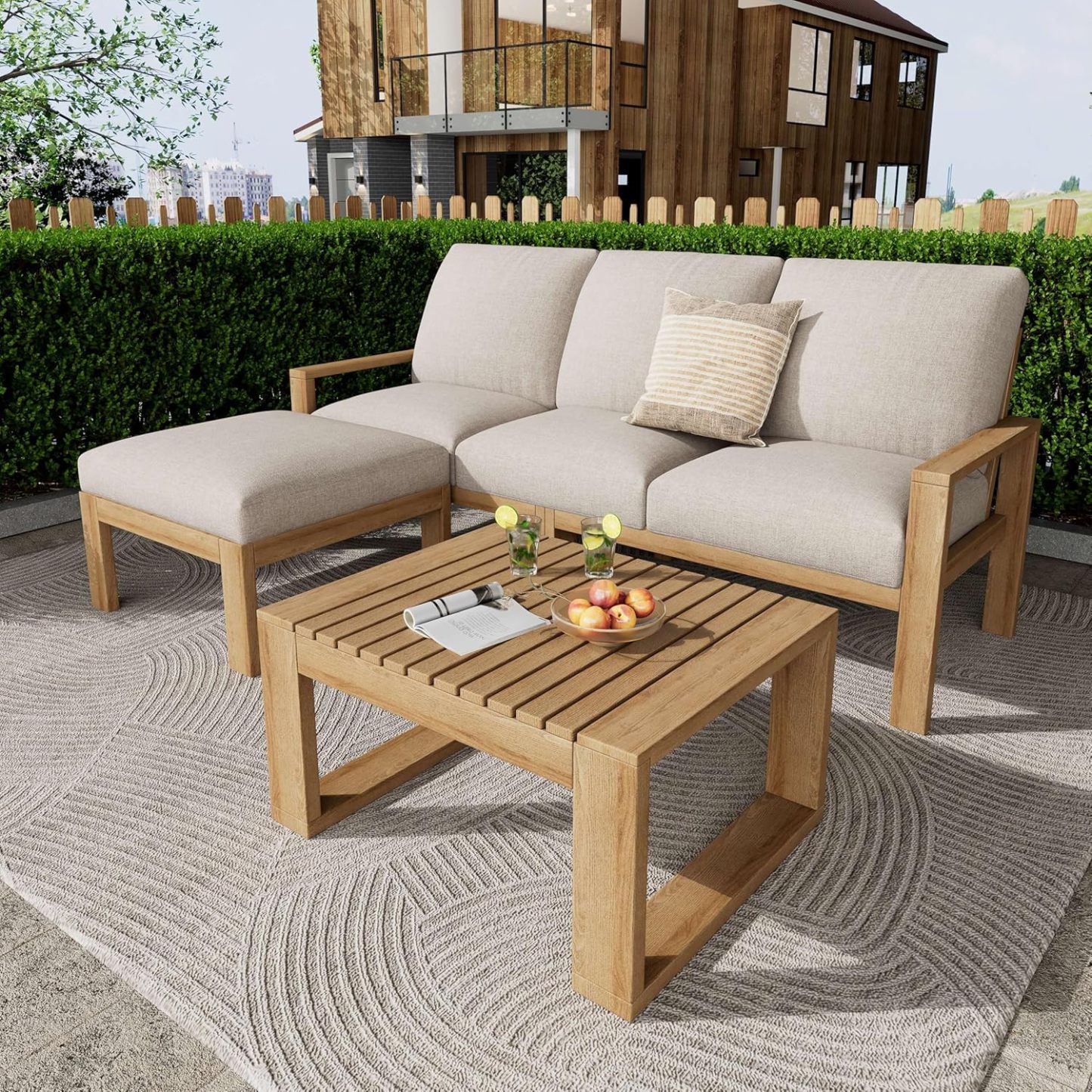 Outdoor 3pcs Sectional Patio Sofa Set, Teak