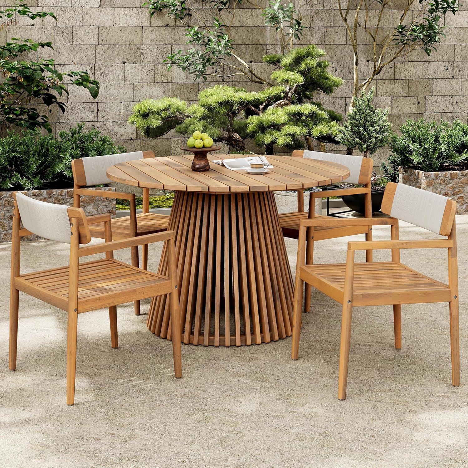 5 Pieces Patio Dining Furniture Set,  Teak Look & White Rope