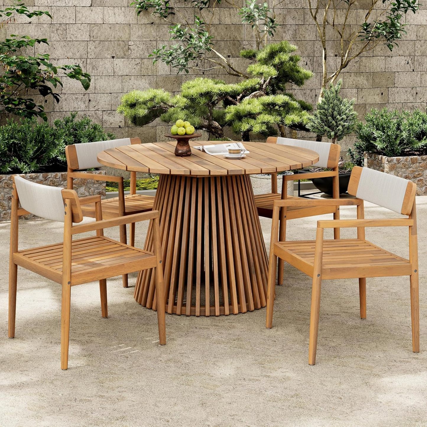 5 Pieces Patio Dining Furniture Set,  Teak Look & White Rope