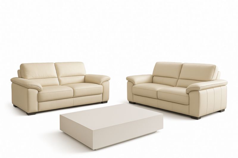 Divano Set in Pelle Sintetica Beige 3 Posti e 2 Posti con Tavolino