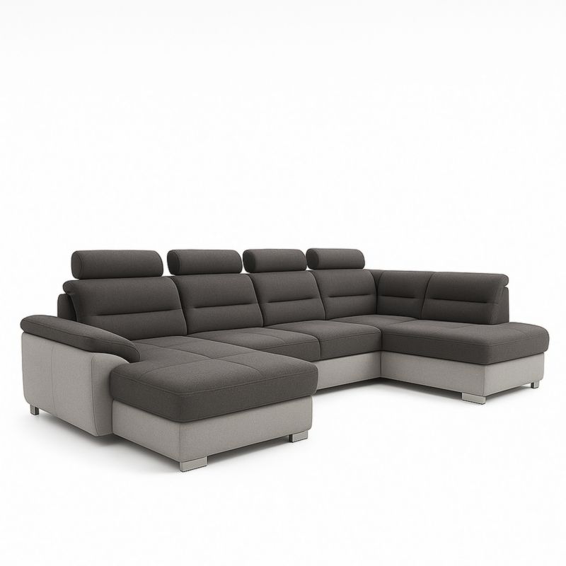 Divano angolare modulare tessuto poliestere antracite/grigio chiaro con poggiatesta regolabile 300x200x90 cm