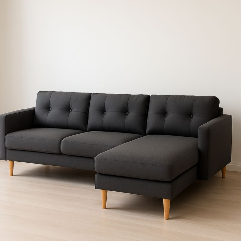 Divano angolare tessuto grigio scuro con chaise longue legno 230x150x85 cm