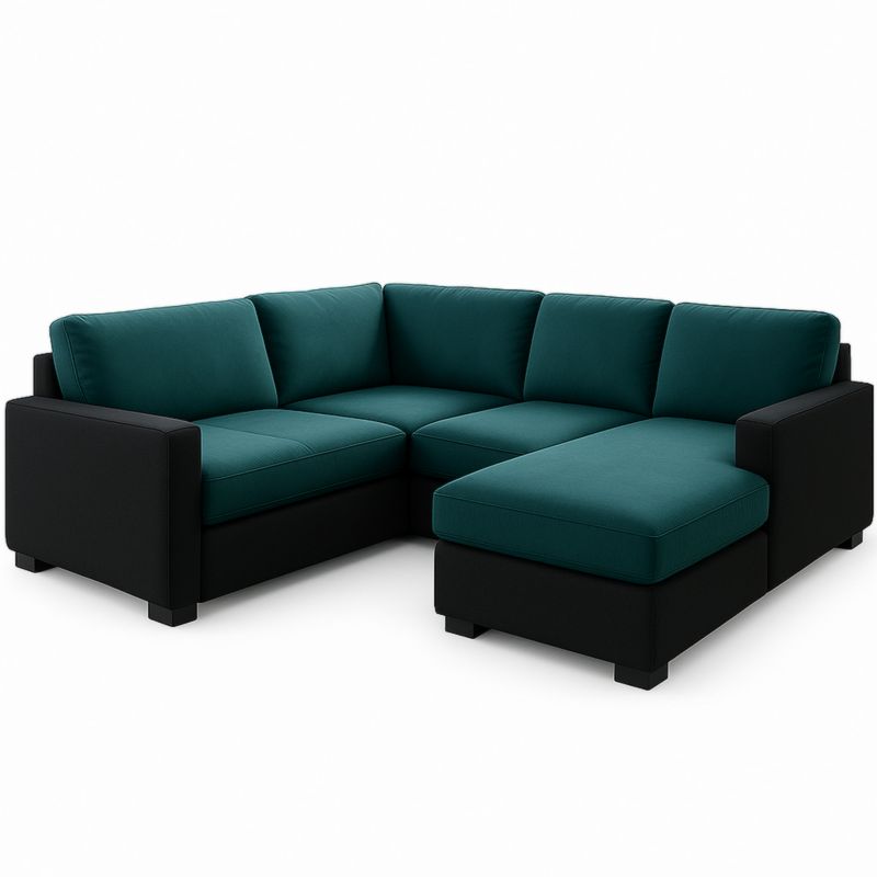 Divano angolare modulare in tessuto verde scuro/nero con chaise longue