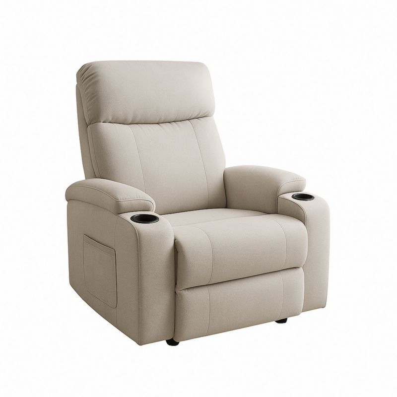 Poltrona Reclinabile in Tessuto Beige con Porta Bicchieri e Tasche Laterali
