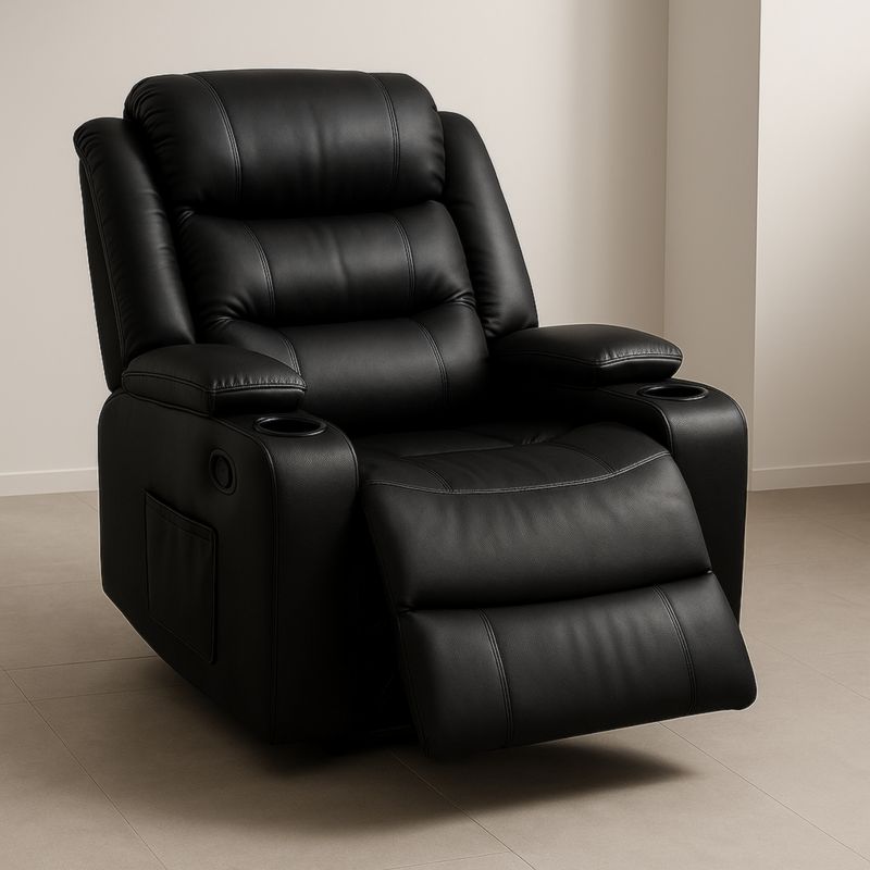 Poltrona reclinabile in pelle nera con porta bicchieri e tasca laterale