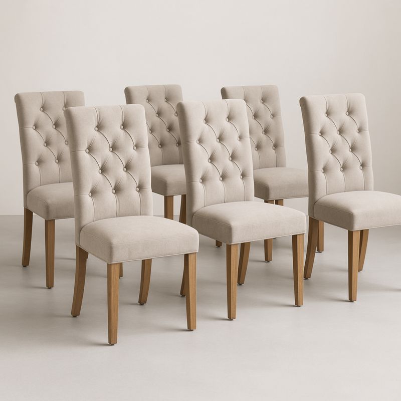 Set di 6 Sedie in Tessuto Beige con Gambe in Legno