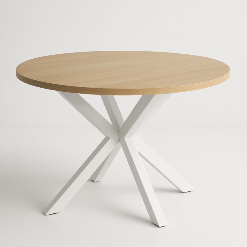 Tavolo rotondo in legno con gambe in acciaio bianco