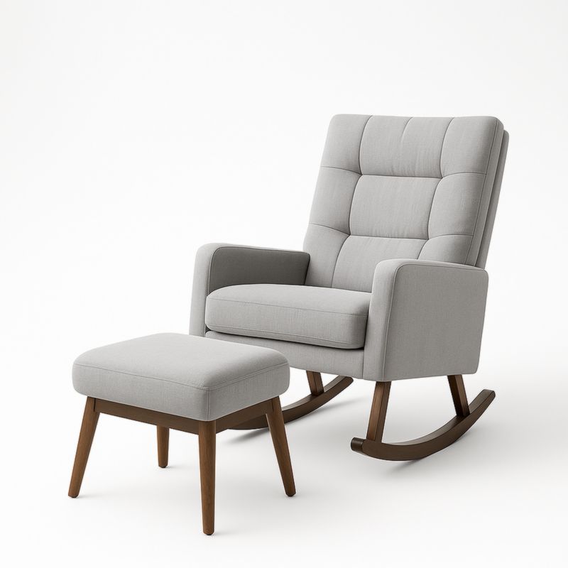 Set Poltrona a Dondolo e Poggiapiedi in Tessuto e Legno Grigio