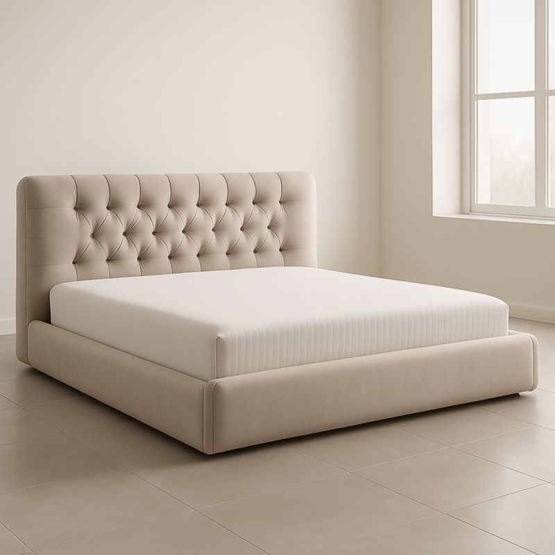 Letto matrimoniale imbottito in tessuto beige con testiera trapuntata 210x160x120 cm