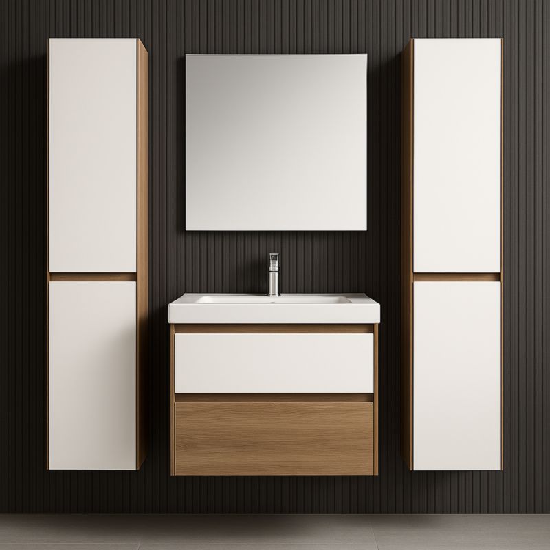 Set Arredo Bagno Sospeso Bianco/Naturale MDF PVC Lavabo Ceramica Specchio Mobile Colonna