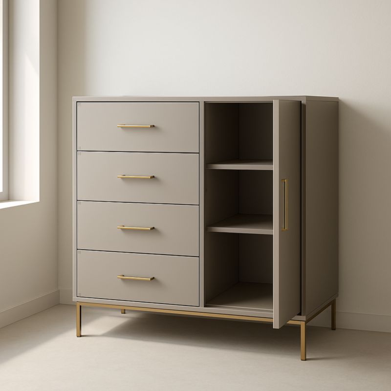 Cassettiera in legno a 4 cassetti color grigio metallico