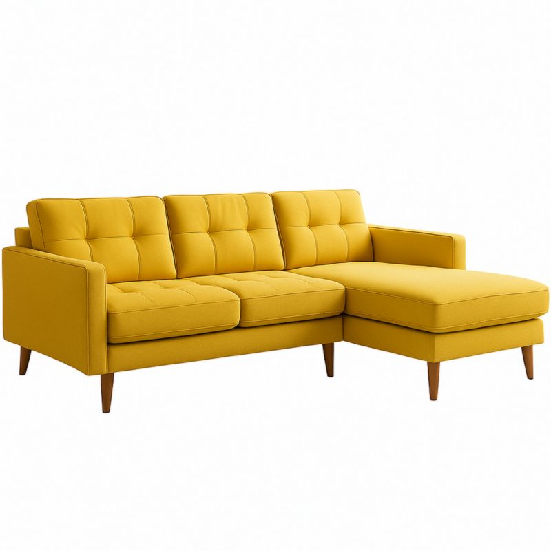 Divano a L in tessuto giallo con struttura in legno