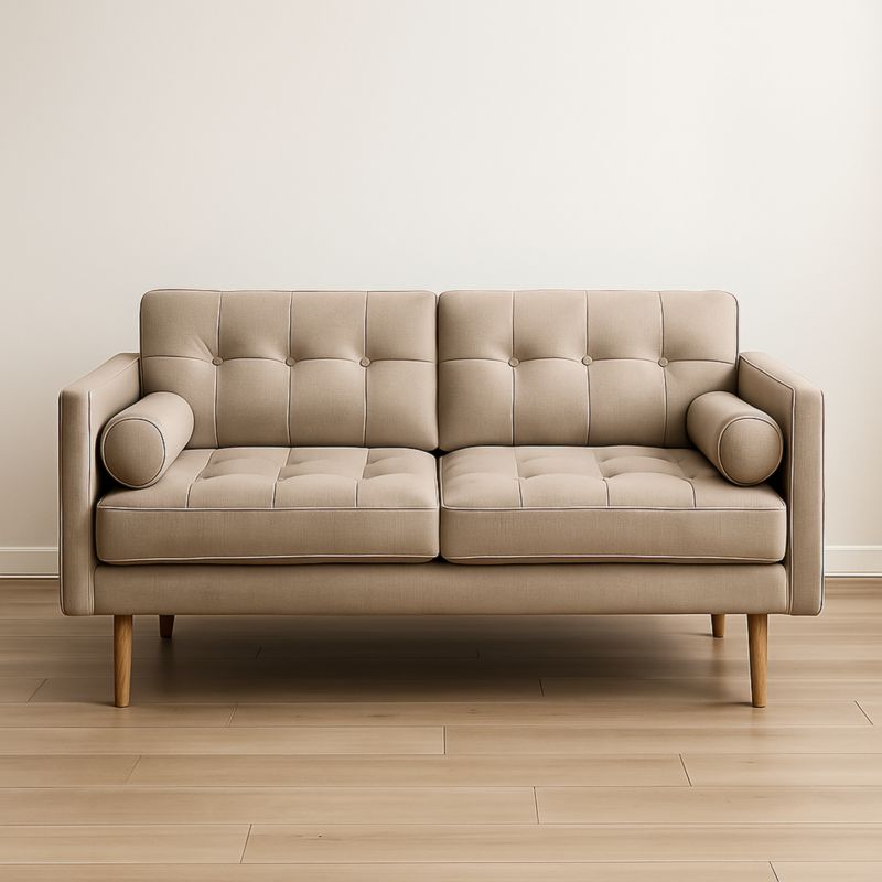 Divano a due posti in tessuto beige con gambe in legno massello dimensioni 150x85x90 cm