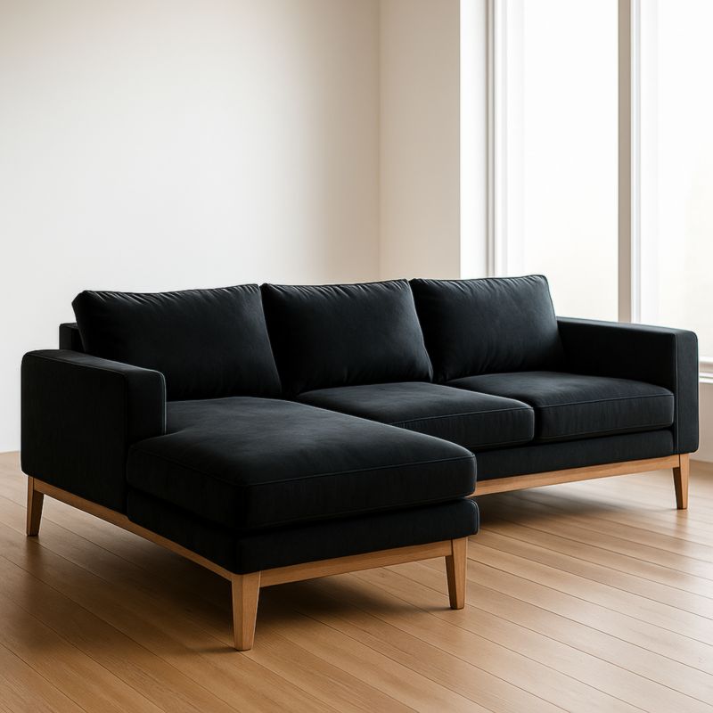 Divano angolare in tessuto nero con chaise longue in legno massello 260x160x85 cm