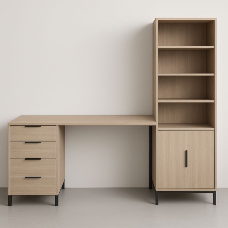 Scrivania angolare in legno con cassetti e libreria integrata 200x150x60cm