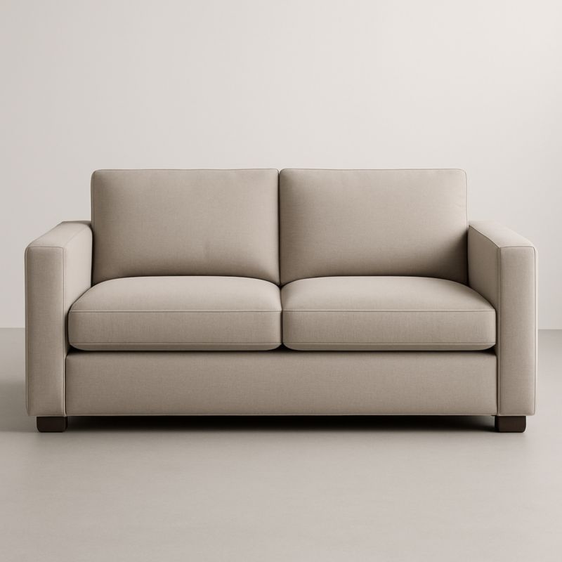 Divano a due posti in tessuto beige con struttura in legno massello e imbottitura in schiuma