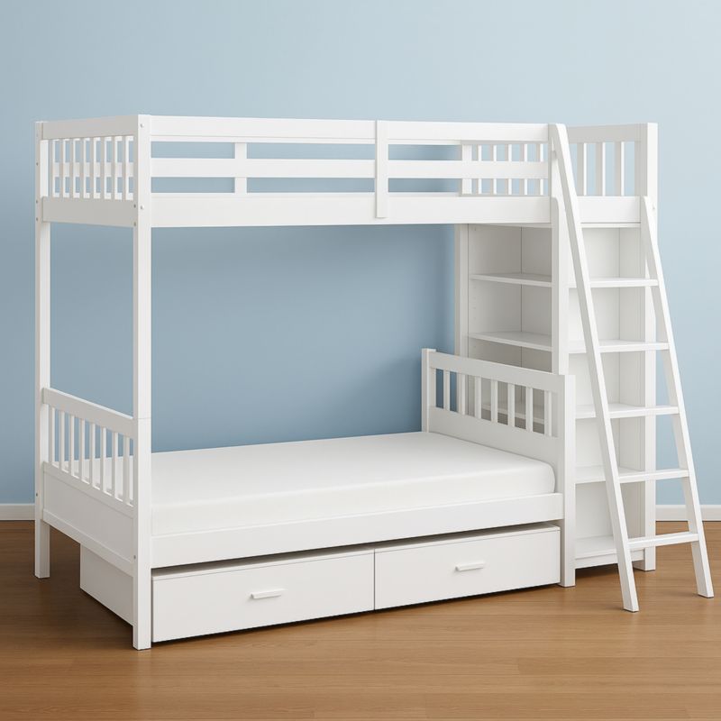 Letto a Castello per Bambini con Scala e Scaffale in Legno Massello Bianco 200x100x180 cm