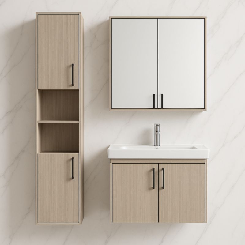 Set mobili da bagno legno chiaro/bianco con lavandino ceramica