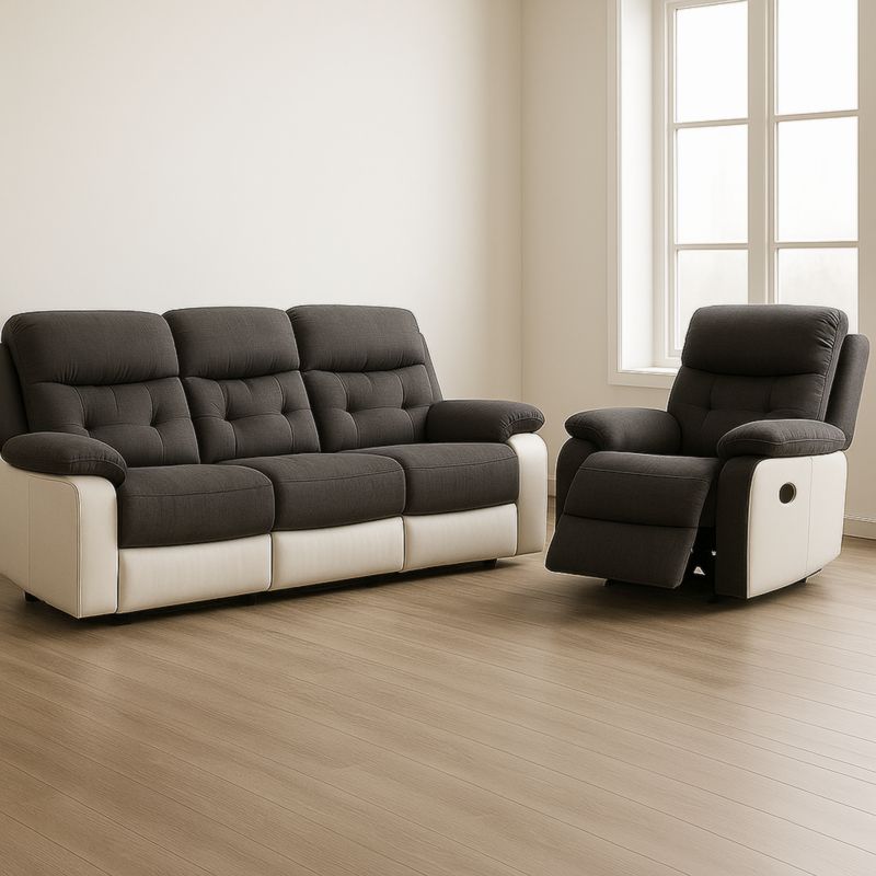 Divano set 3 posti reclinabile tessuto grigio scuro crema