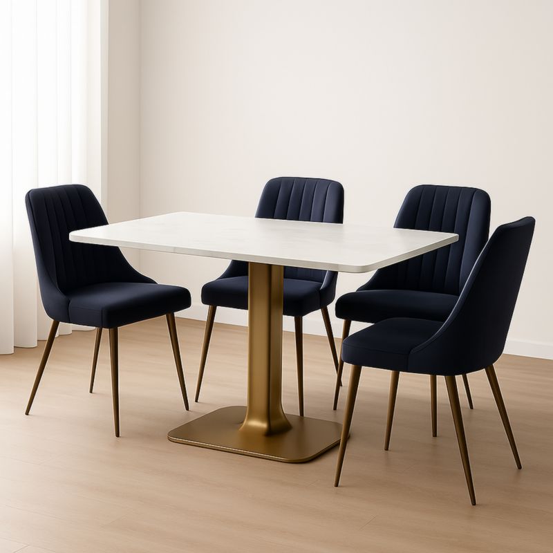 Tavolo da Pranzo Rettangolare MDF Bianco e Sedie in Velluto Blu Metallo Dorato Set
