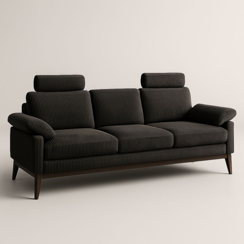 Divano a tre posti in velluto a coste nero con poggiatesta regolabili e braccioli