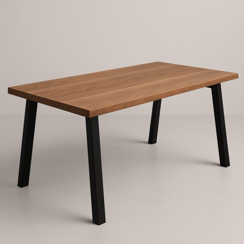 Tavolo da pranzo rettangolare con piano in legno massello e gambe in metallo, colore marrone/nero
