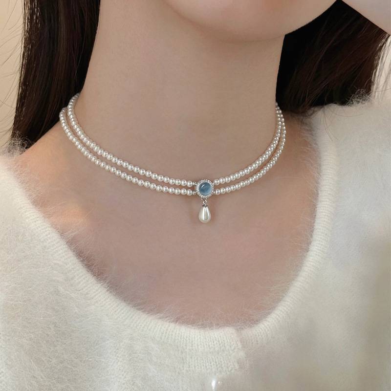Gemstone Drop Pendant Double Pearl Necklace