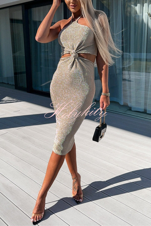 Slay The Look Knit Front Knotted Cutout Halter Midi Dress