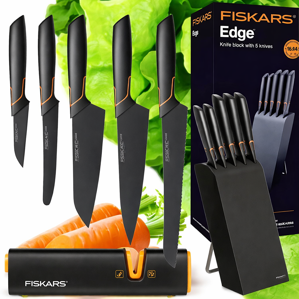 🍽️Limitált kiadás: FISKARS® 5 DB-OS KÉSKÉSZLET FISKARS EDGE BLOKKBAN, ÉLES KONYHAKÉS + ÉLEZŐ SZETT