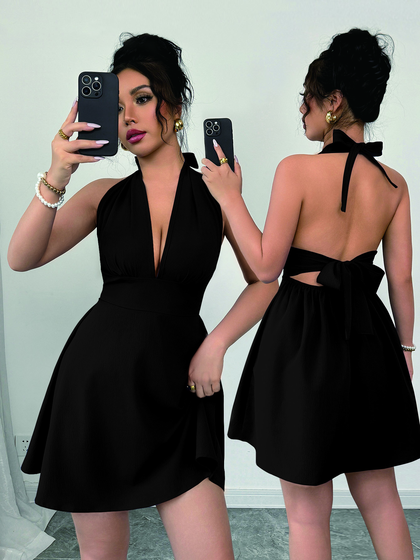 Elenzga Elegant & Sexy Solid Color Backless Tie Neck Sleeveless Dress