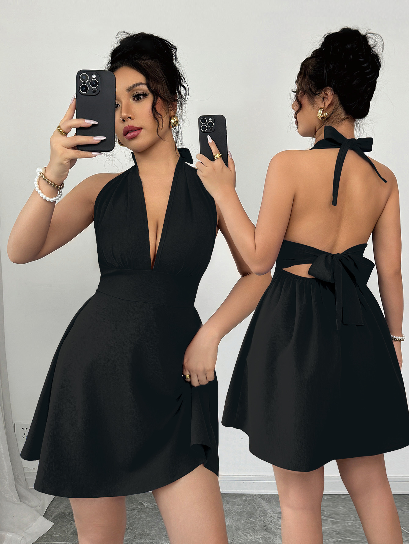 Elenzga Elegant & Sexy Solid Color Backless Tie Neck Sleeveless Dress