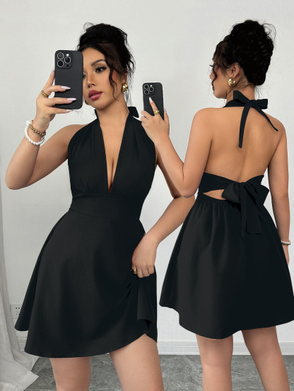 Elenzga Elegant & Sexy Solid Color Backless Tie Neck Sleeveless Dress