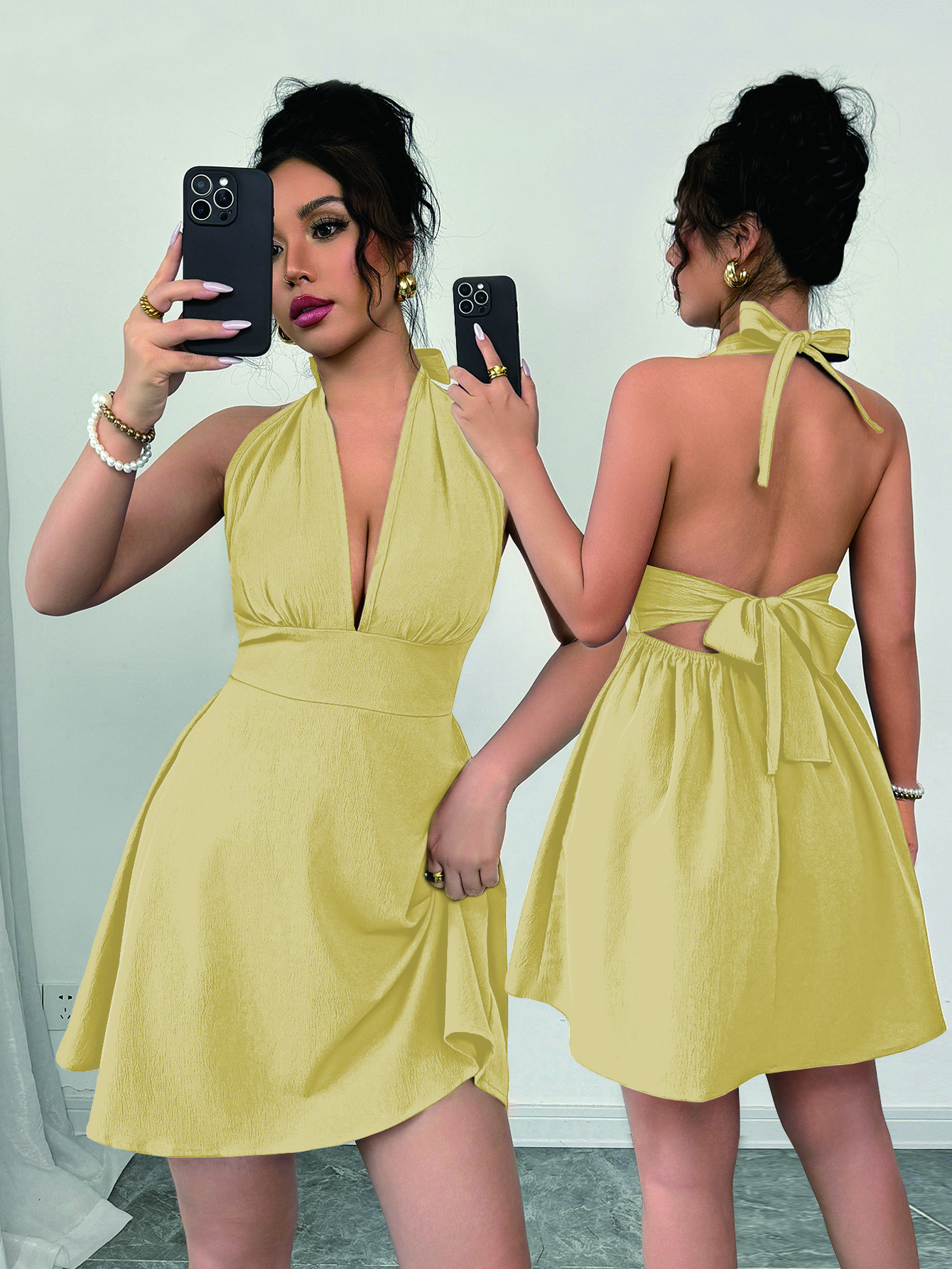 Elenzga Elegant & Sexy Solid Color Backless Tie Neck Sleeveless Dress