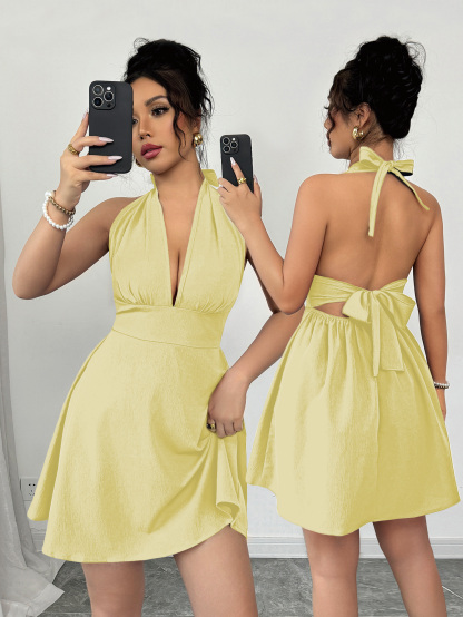 Elenzga Elegant & Sexy Solid Color Backless Tie Neck Sleeveless Dress