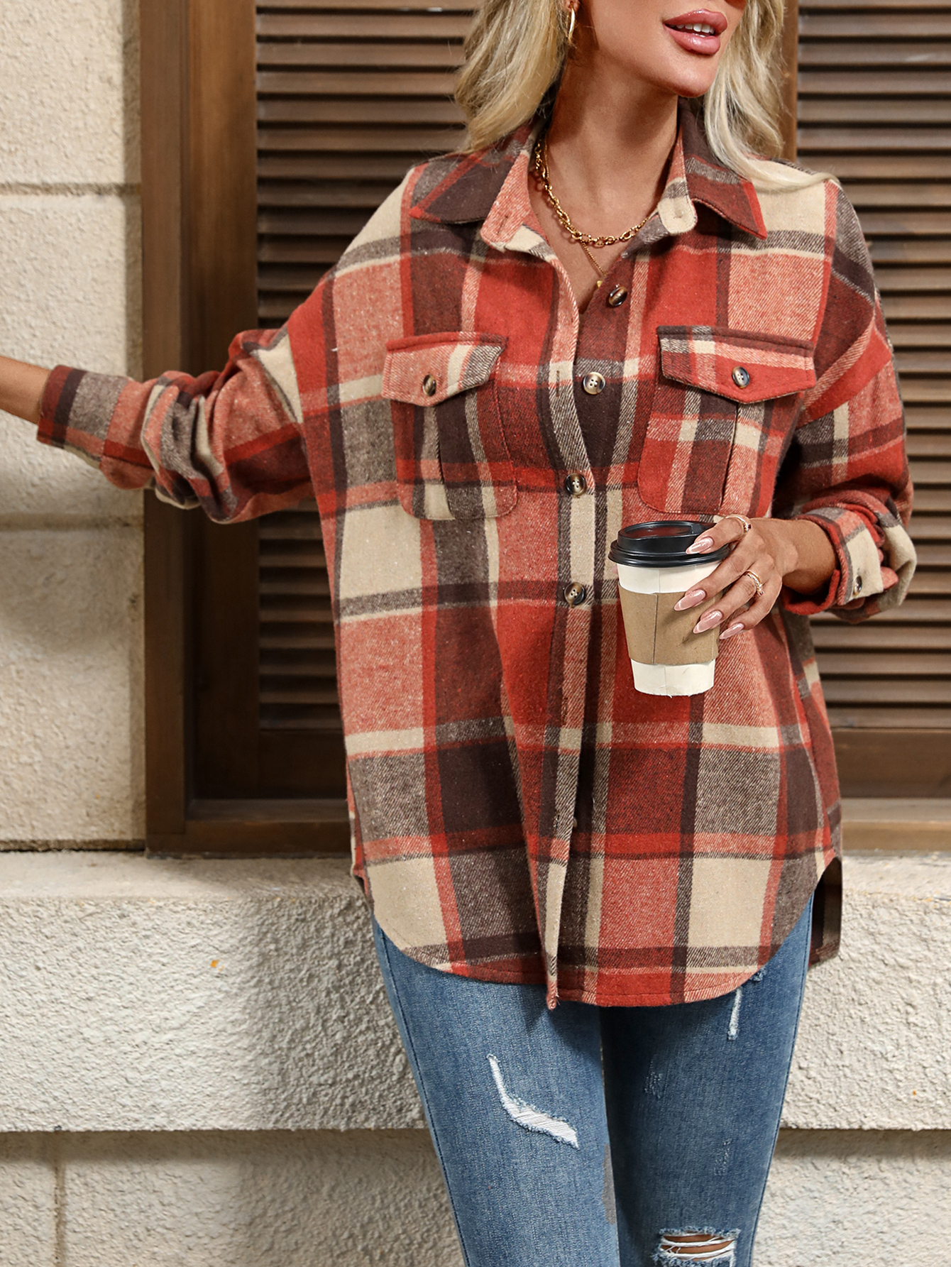 YJ098 Women's checkered collar shirt fashionable casual and versatile