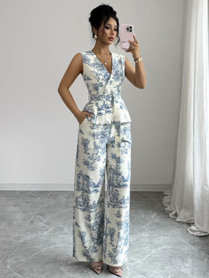 Women Elegant Full Print V-Neck Sleeveless D-Ring Belted Peplum Top & Loose Wide Leg