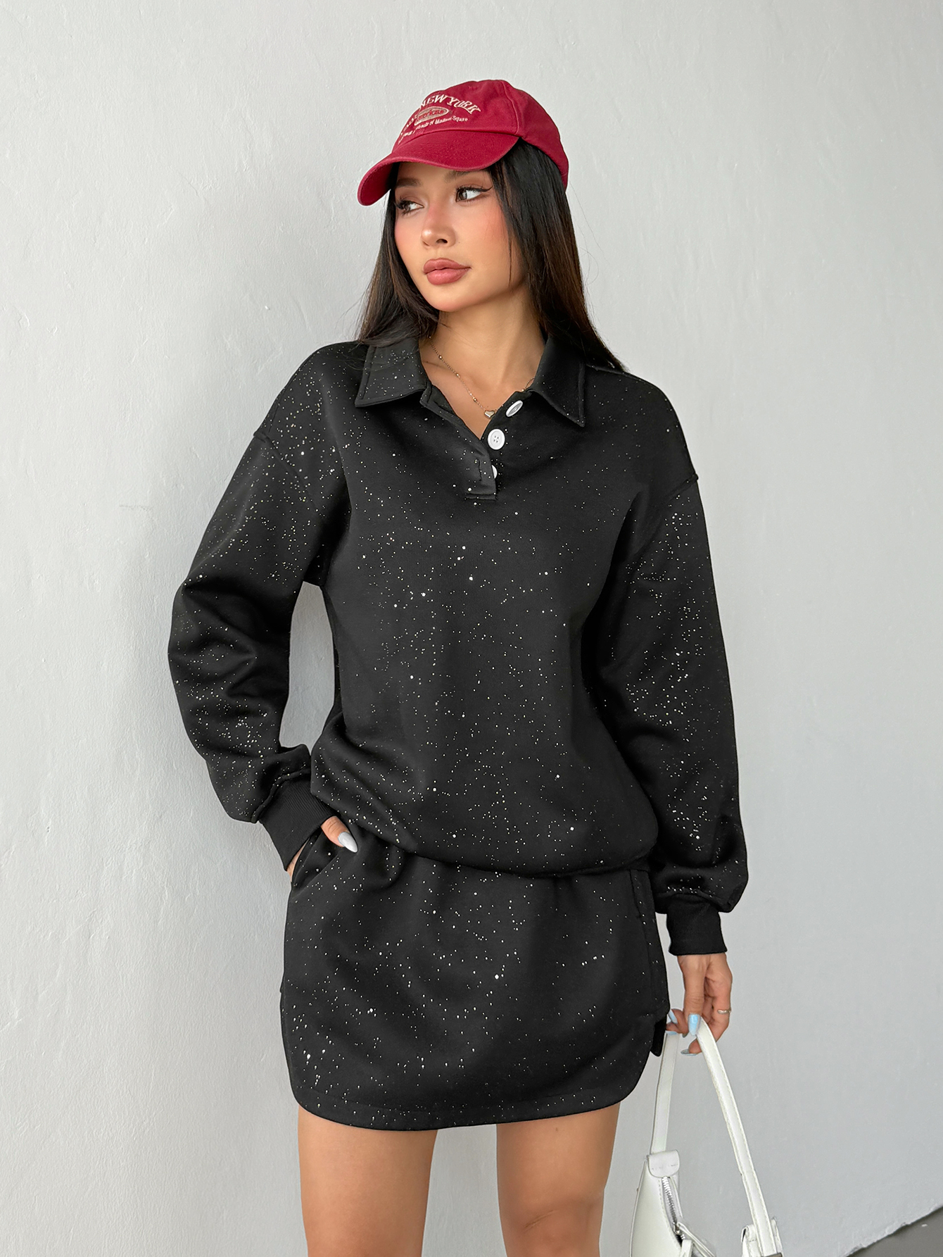 OA042 Women's Silver-Decorated Long-Sleeved Sweatshirt and Short Skirt Set
