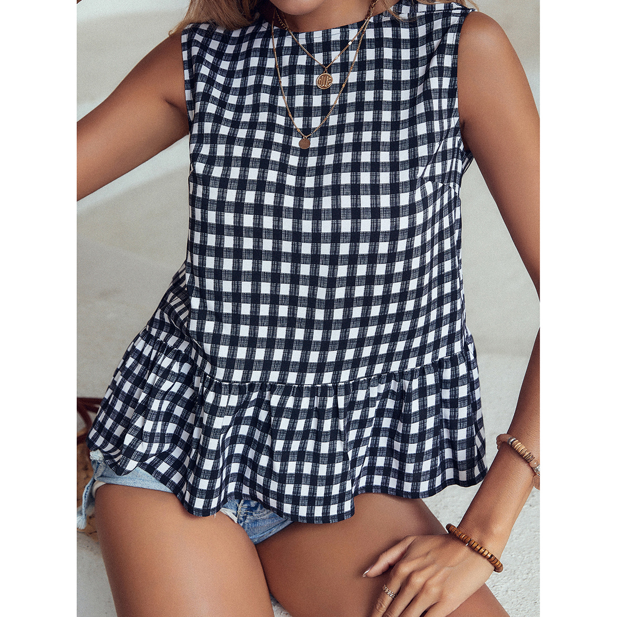 Women's Checkered Ruffle Hem Sleeveless Blouse Peplum Top