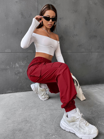 Flap Pocket Side Cargo Pants Color: black, gray, burgundy