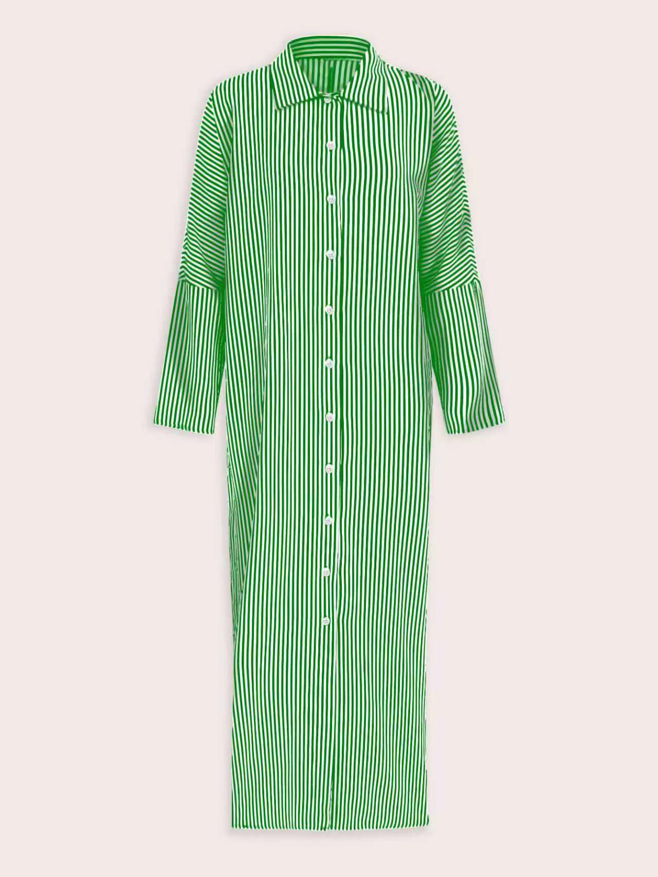 XH562 Women's Colorblock Striped Single Breasted Long Sleeve Loose Summer Vacation Style Dress Maxi Women Outfit Fall Cloth For Women