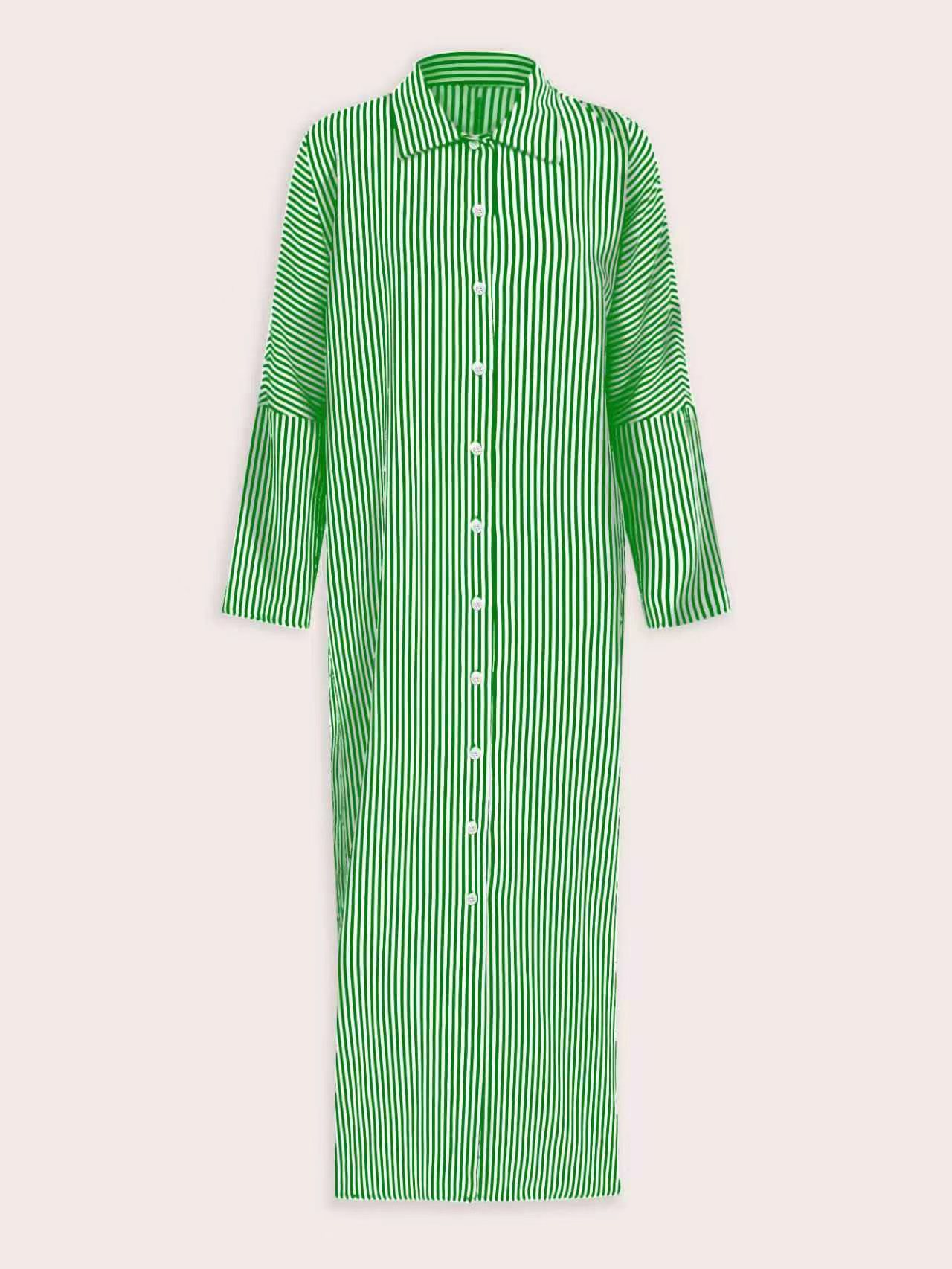 XH562 Women's Colorblock Striped Single Breasted Long Sleeve Loose Summer Vacation Style Dress Maxi Women Outfit Fall Cloth For Women