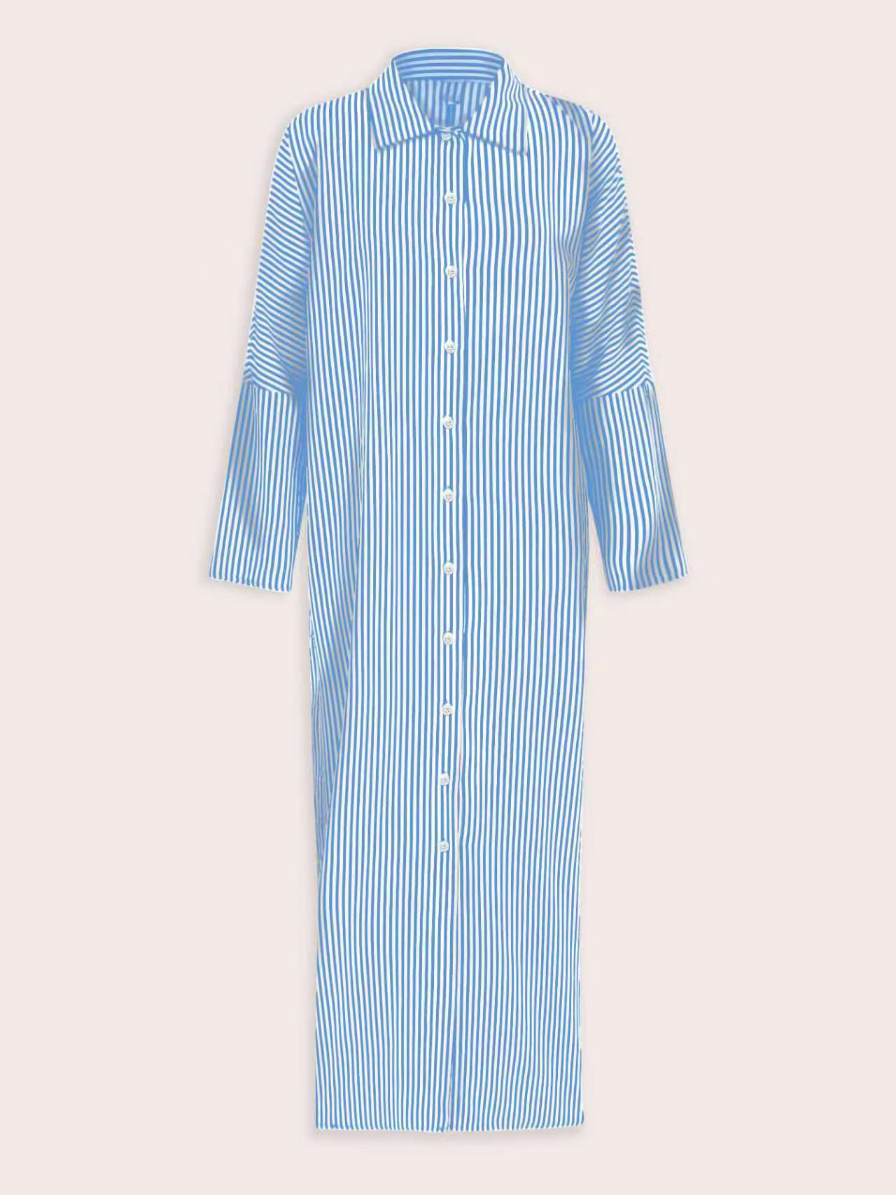 XH562 Women's Colorblock Striped Single Breasted Long Sleeve Loose Summer Vacation Style Dress Maxi Women Outfit Fall Cloth For Women