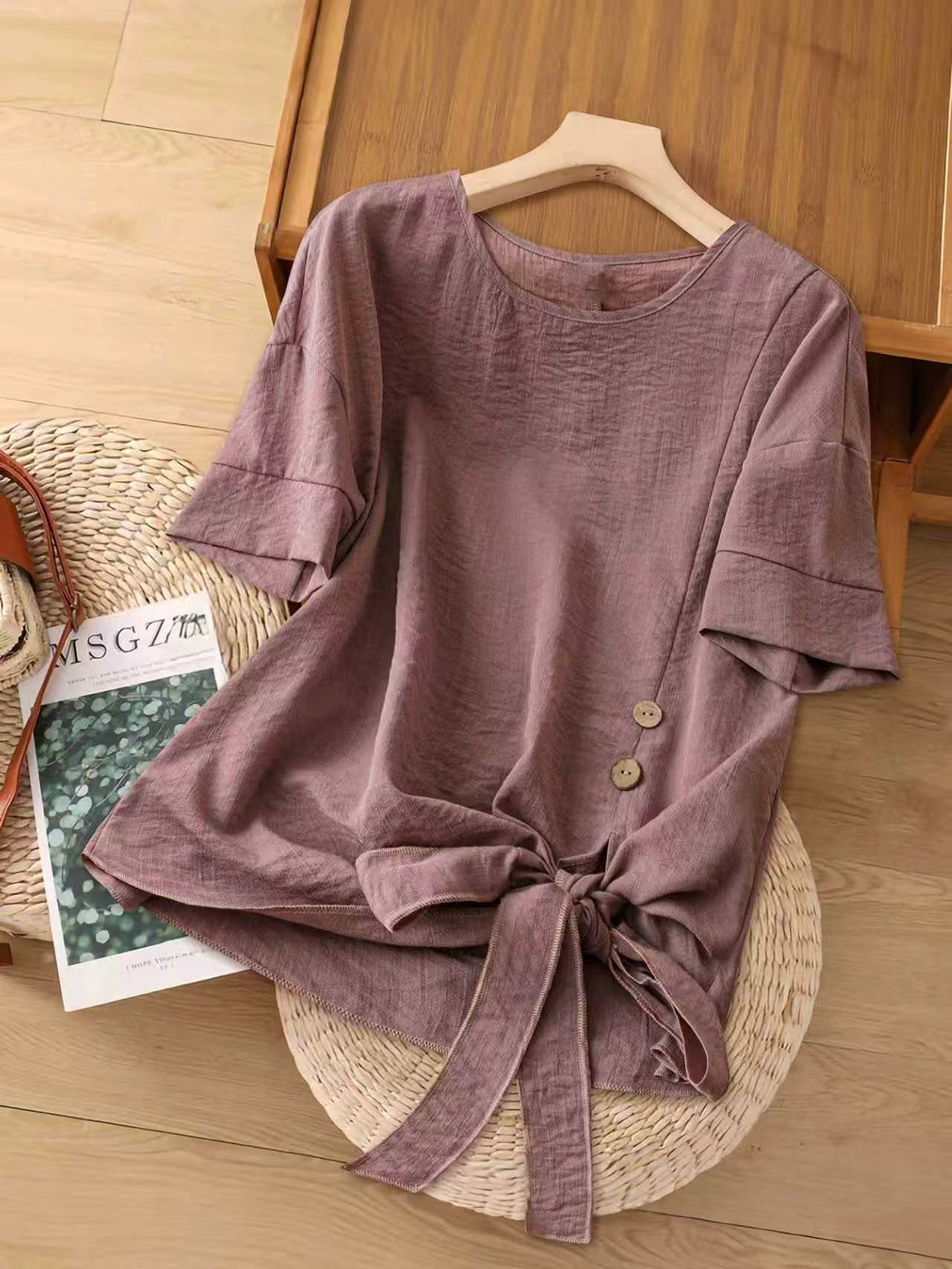 XD602 Casual Solid Color Button Decorated Drawstring Shirt