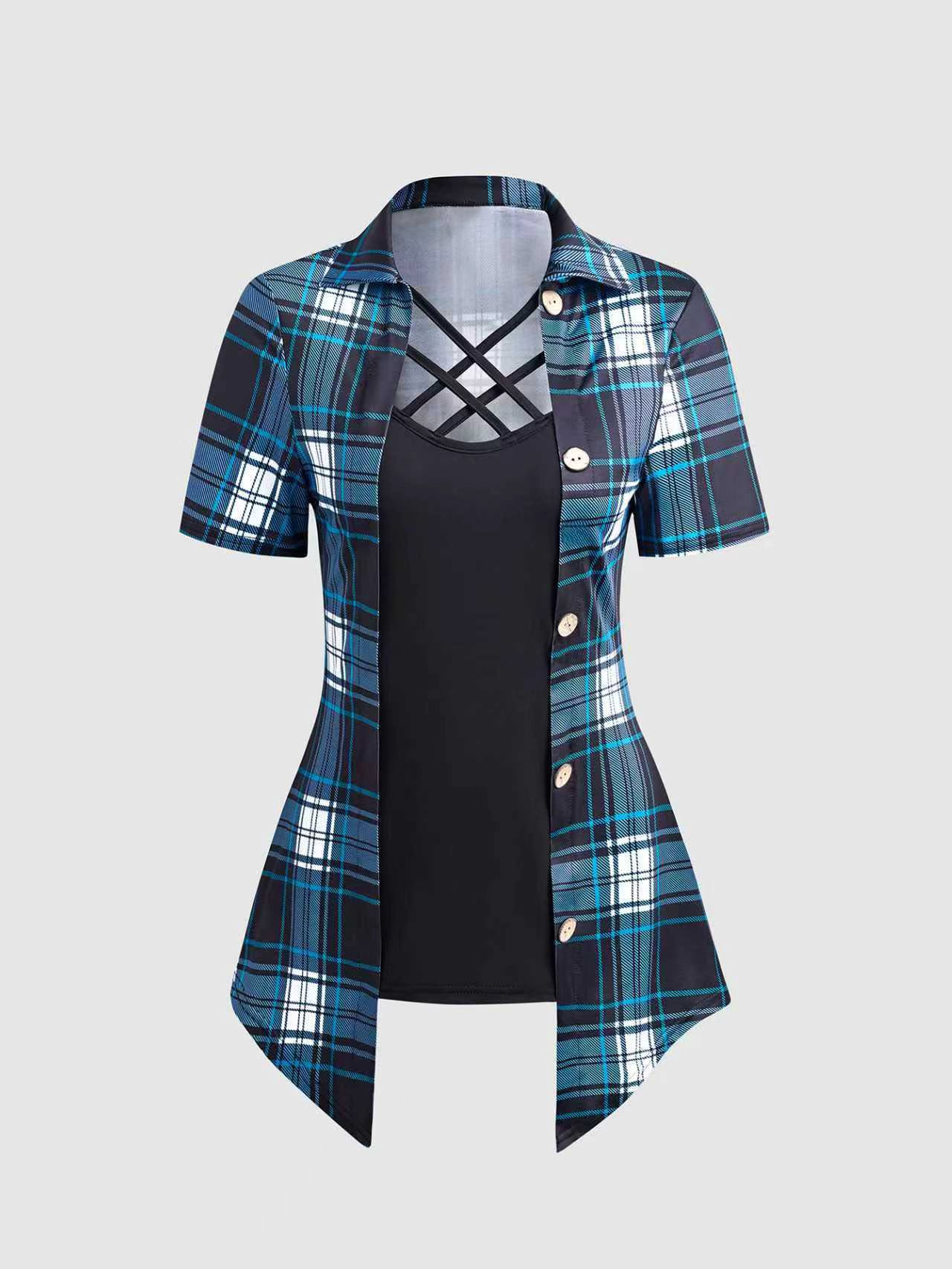 XD054 Women's Summer Asymmetrical Hem Short Sleeve Plaid Patchwork Casual T-Shirt Graphic Tees Women Tops