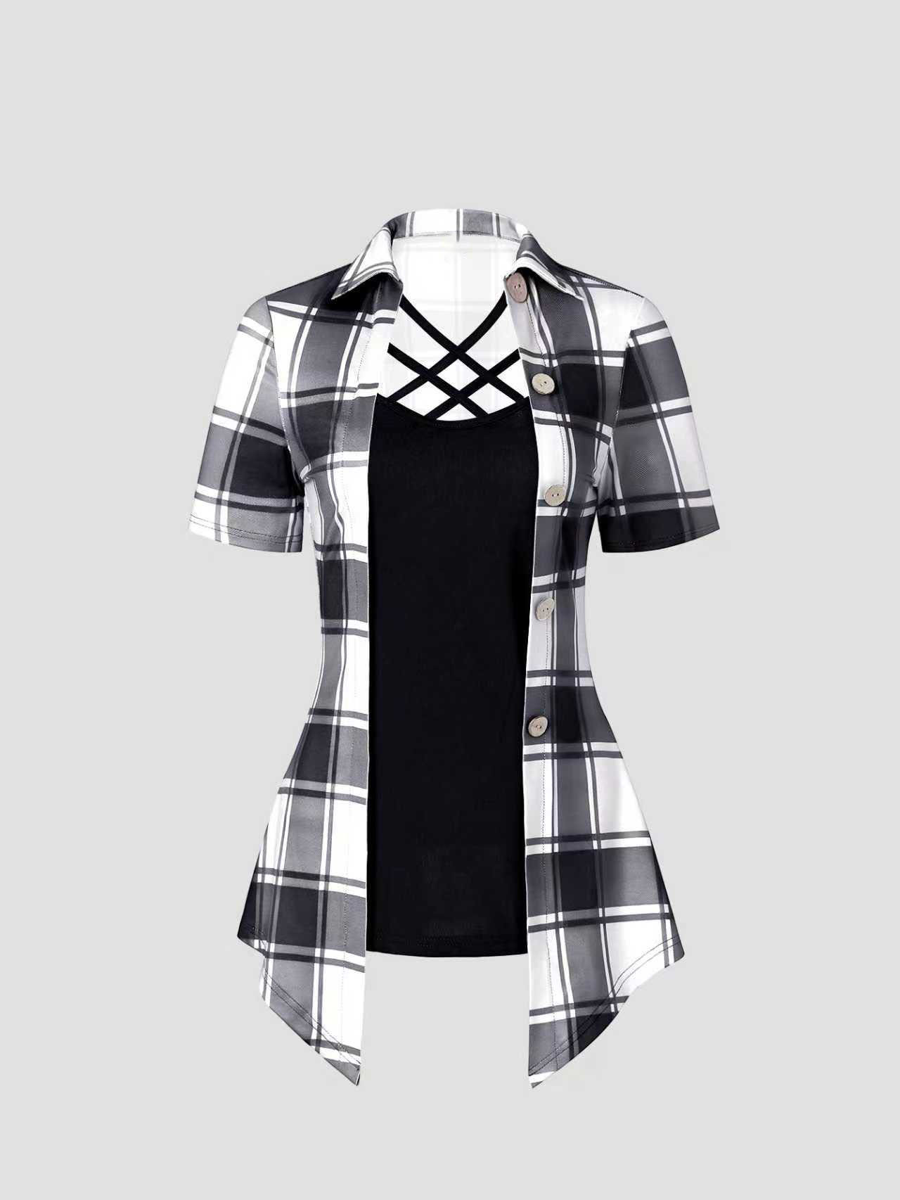 XD054 Women's Summer Asymmetrical Hem Short Sleeve Plaid Patchwork Casual T-Shirt Graphic Tees Women Tops