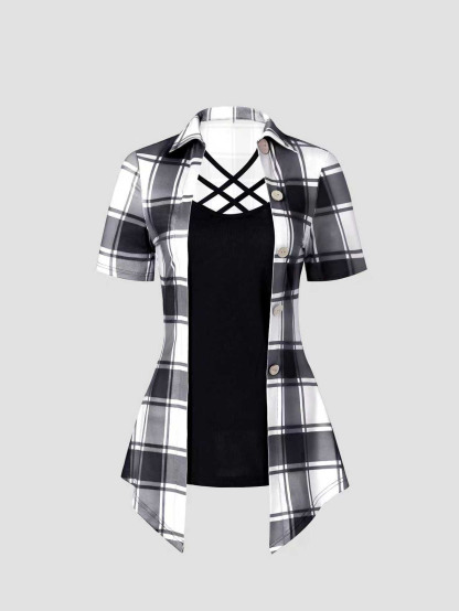 XD054 Women's Summer Asymmetrical Hem Short Sleeve Plaid Patchwork Casual T-Shirt Graphic Tees Women Tops