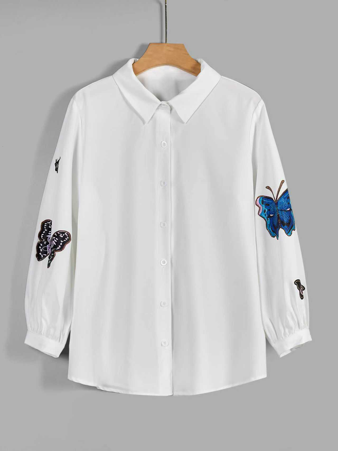 XD267 Women's Casual Butterfly Print Long Sleeve Blouse Women Shirt
